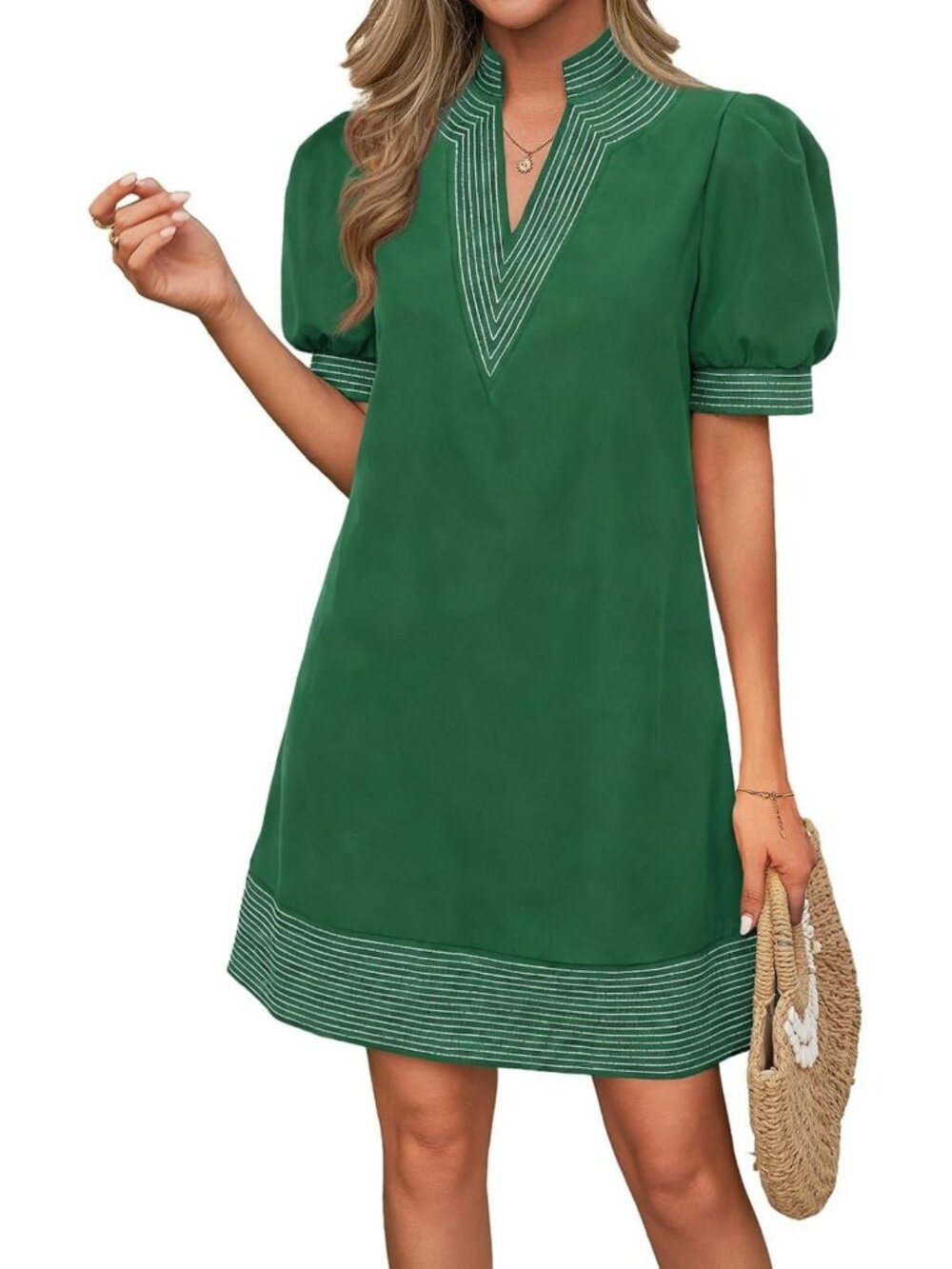Boho Mini Shift Dress for Women | Summer V-Neck, Puff Short Sleeves, Casual Chic